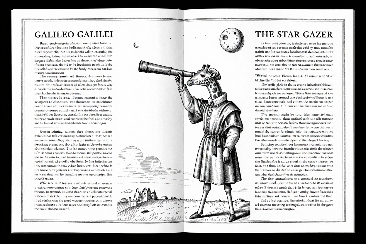 Galileo Galilei reimagined as a giraffe with a telescope, stars and moons in line art