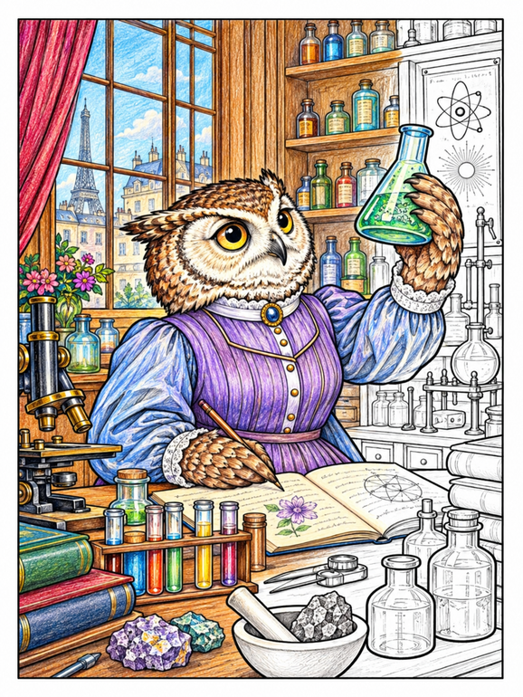 Colorful owl scientist illustration of Marie Curie in her laboratory