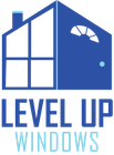 Blue Level Up Windows logo with house outline and stylized window, text below