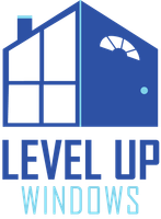 Blue Level Up Windows logo with house outline and stylized window, text below