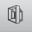 Black geometric line-art logo resembling a 3D window or door frame on a light gray background