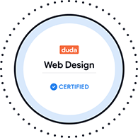 Duda Web Design certified badge with blue and black circular border