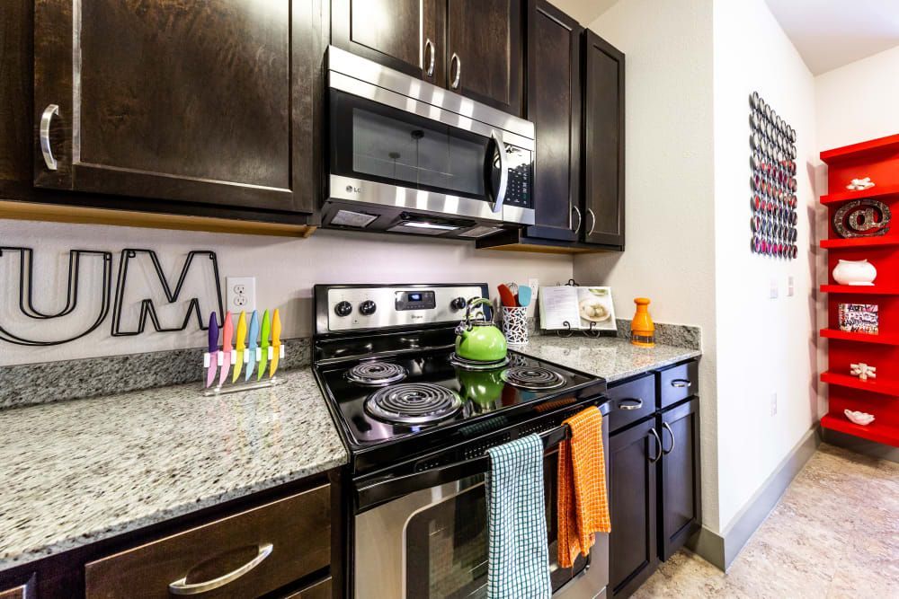 Apartment kitchen with appliances and dark brown cabinets at Regents West at 24th in Austin, TX, near West Campus.