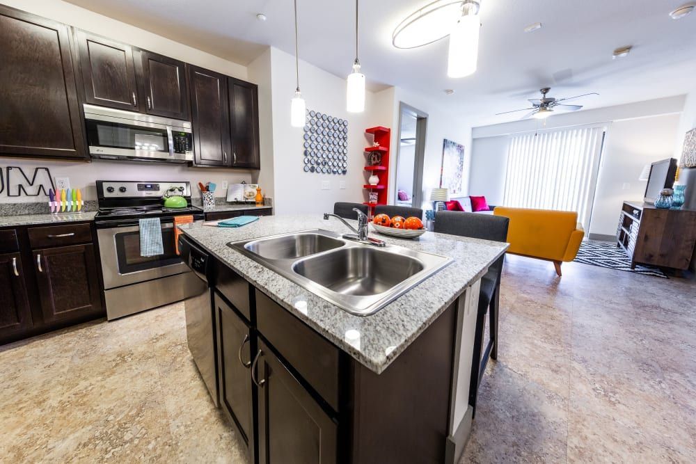 Apartment kitchen with stainless steel appliances and granite counter tops at Regents West at 24th in Austin, TX, near West Campus.
