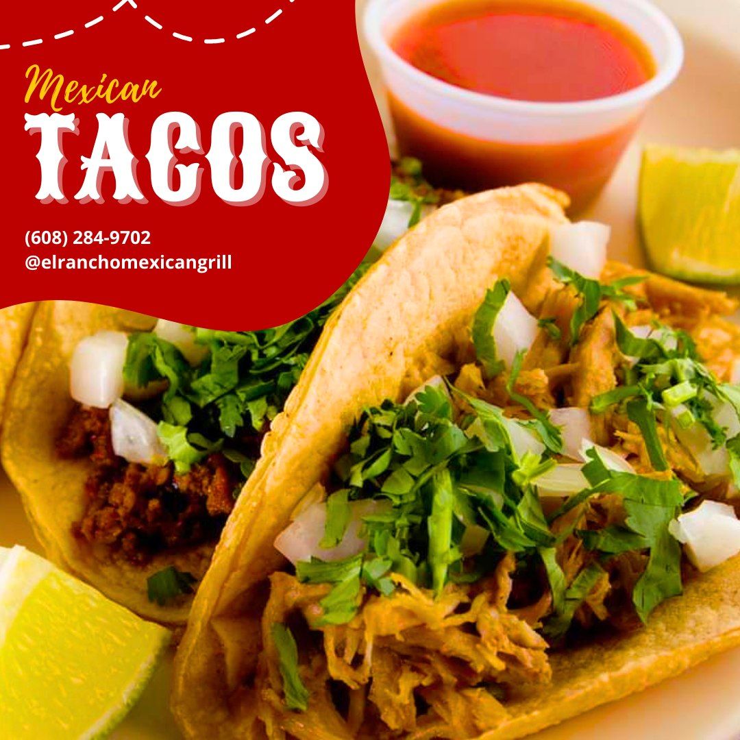 Mexican tacos with salsa and lime; red background with white text.