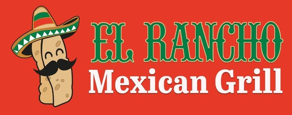 Logo for El Rancho Mexican Grill featuring a burrito wearing a sombrero and a mustache, on a red background.