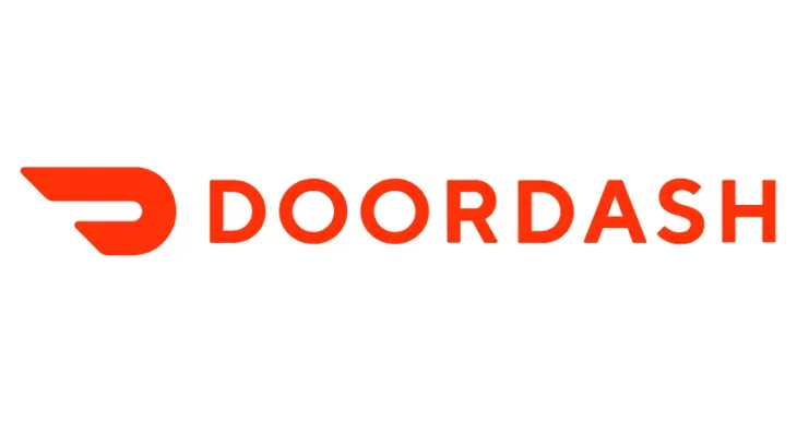 DoorDash logo: Orange text and emblem on white background. The emblem resembles an abstracted door.
