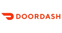 DoorDash logo: Orange text and emblem on white background. The emblem resembles an abstracted door.