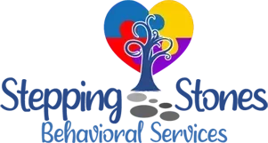 A logo for stepping stones behavioral services with a heart and a tree.