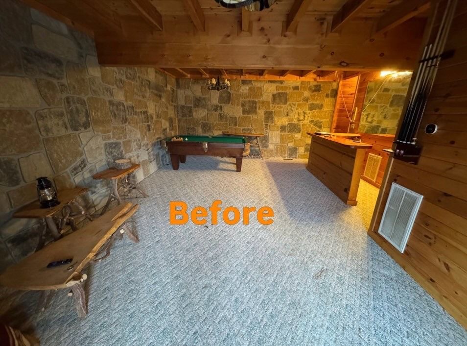 Basement recreation room with pool table, wood bar, and stone walls, labeled “Before”