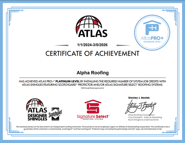 Certificate Of Achievement From Atlas Roofing Corporation Awarded to Alpha Roofing