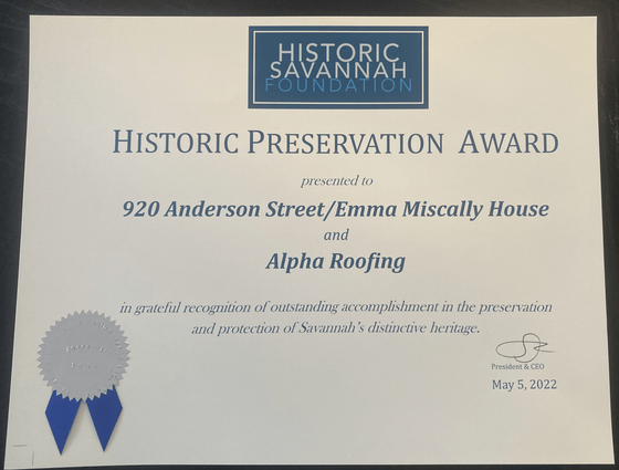 Historic Preservation Award from Historic Savannah Foundation