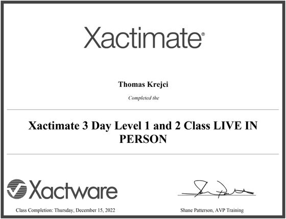 Certificate Of Completion For An Xactimate Training Class