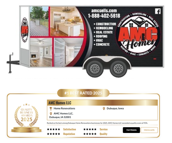 AMC Homes showcasing professional design with five-star home improvement graphics and slogan about quality craftsmanship.