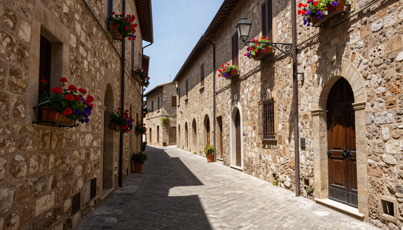 photorealistic Arezzo Italy medieval street scene narrow cobblestone alley stone buildings flower boxes sunny day high quality