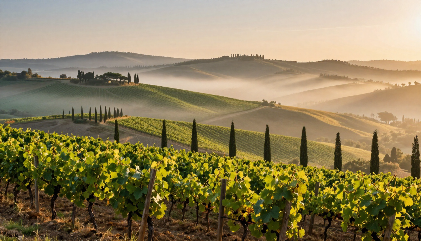 photorealistic panoramic view of rolling tuscan hills vineyards cypress trees morning mist luxury travel vibes
