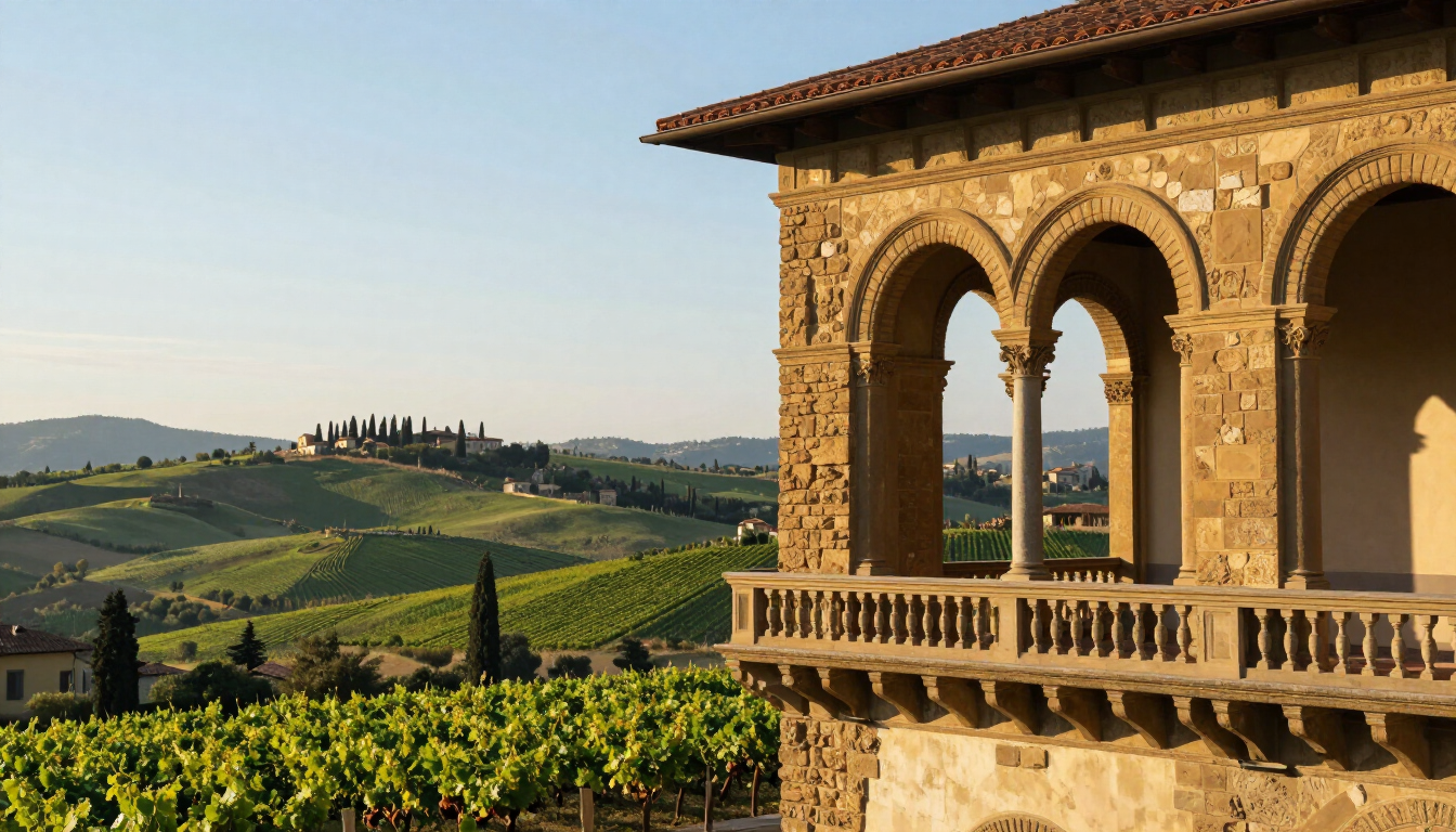 Photorealistic Florence and Tuscan countryside travel scene with Renaissance architecture, rolling hills, and warm afternoon light