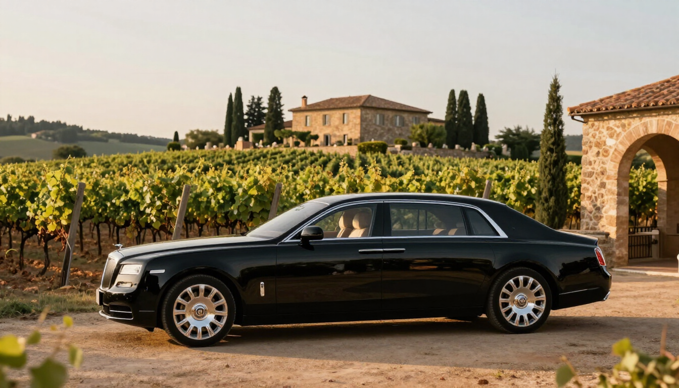 Photorealistic private chauffeured car waiting beside a Tuscan vineyard estate with cypress trees and soft golden light