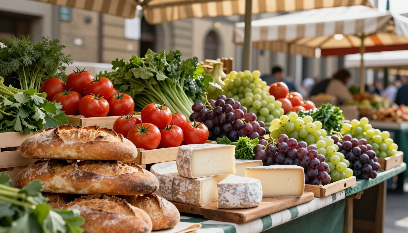 Photorealistic Florentine food market with fresh produce, bread, and local specialties