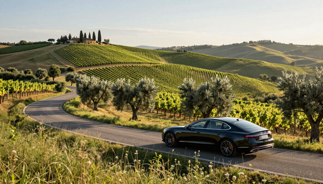 Photorealistic Tuscan countryside near Florence with vineyards and a private car