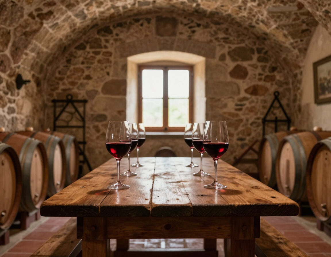 Photorealistic wine tasting in a Tuscan cellar with Brunello and Vino Nobile bottles