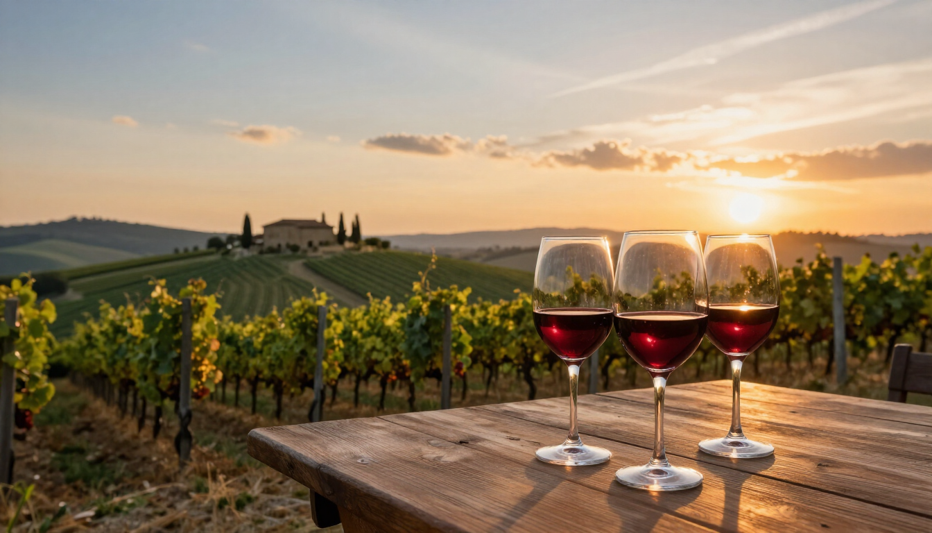 Photorealistic Chianti vineyard with a rustic Tuscan winery, wine glasses, and rolling hills