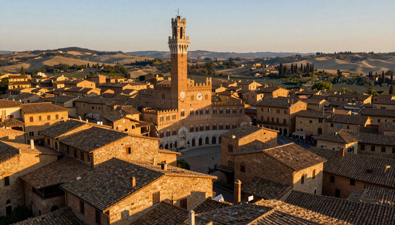 Photorealistic view of Siena’s historic center and Tuscan landscape