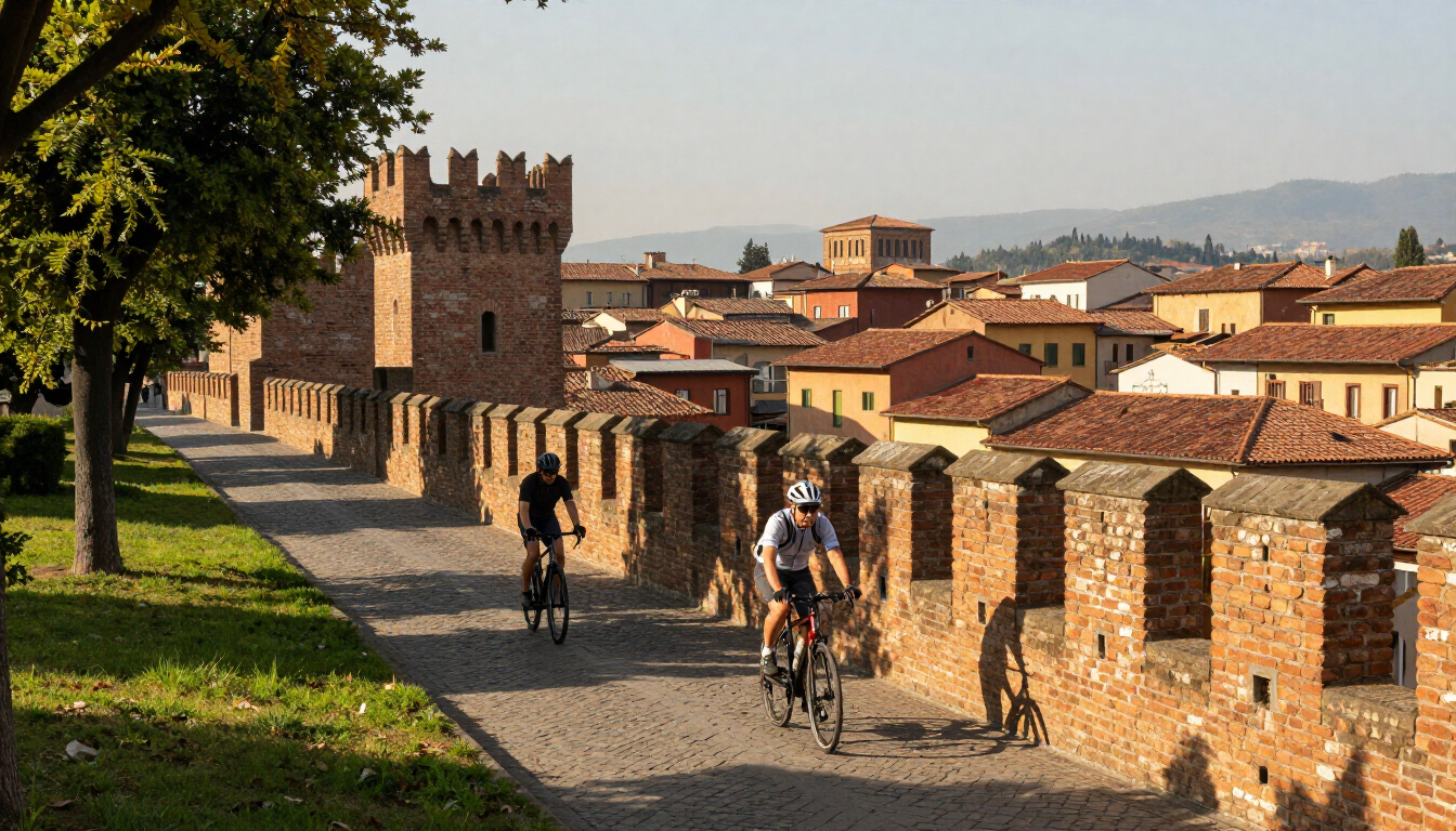 Photorealistic Lucca city walls with cyclists, cypress trees, and historic rooftops