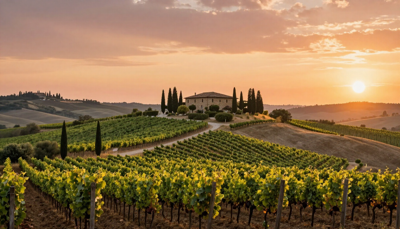 Photorealistic vineyard near Montalcino at sunset with rolling hills and cypress trees