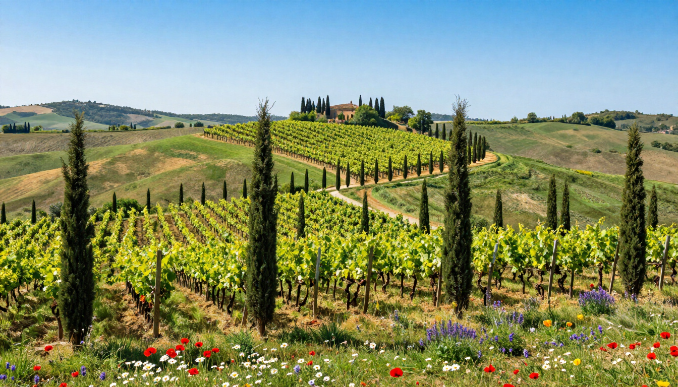 Photorealistic Tuscan countryside with vineyards and cypress trees in spring