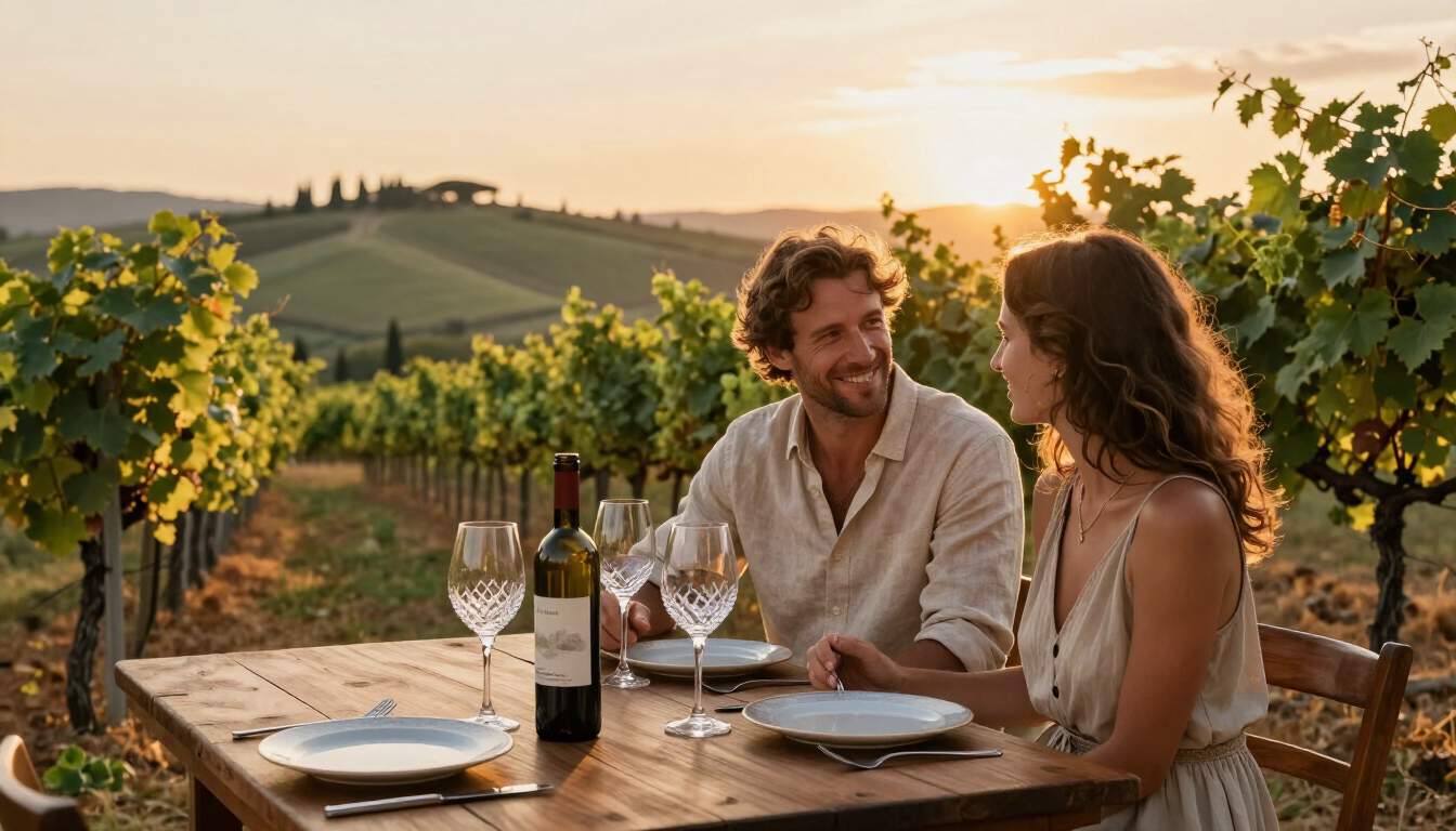 Photorealistic couple enjoying a relaxed Tuscan vineyard tasting at sunset