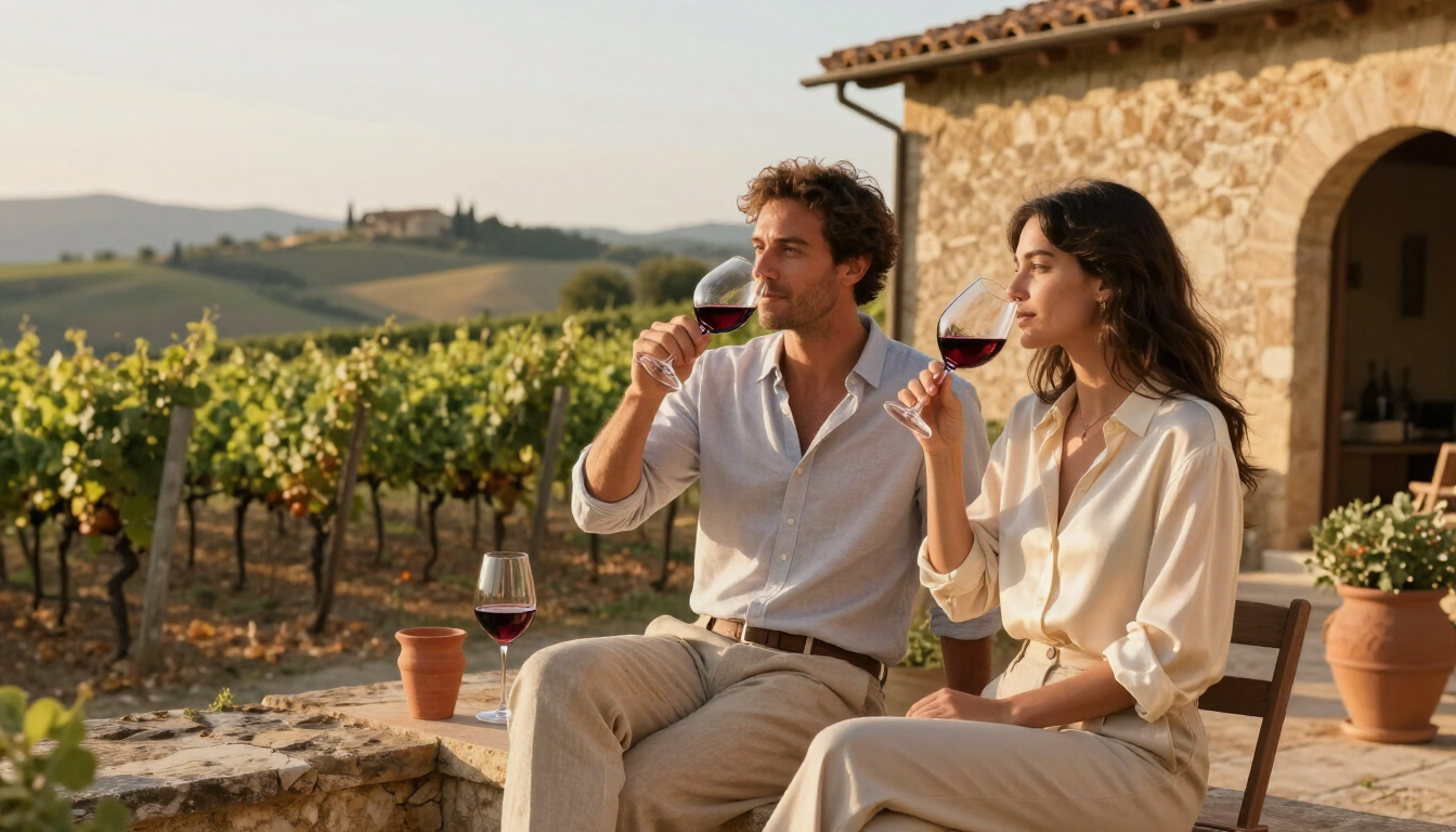 Couple enjoying a private wine tasting among the vineyards of Tuscany