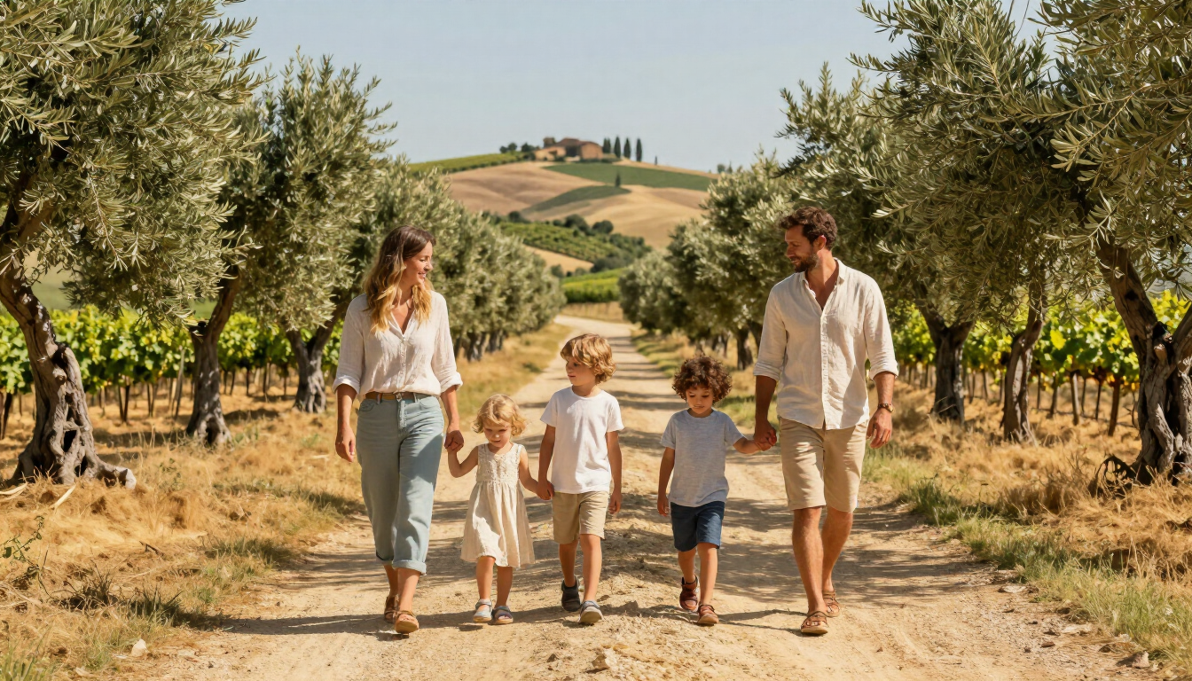 Family exploring the Tuscan countryside during a family-friendly Tuscany itinerary