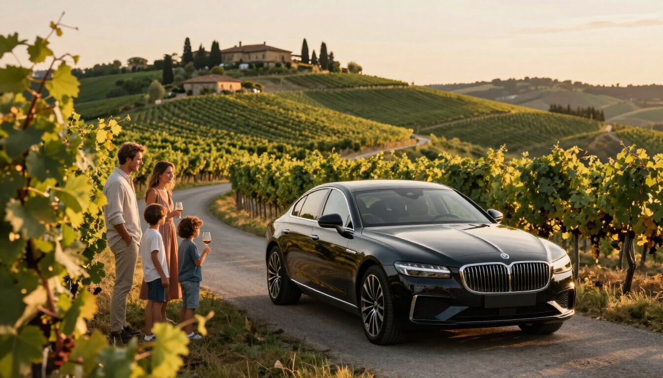 Private family transportation traveling through Tuscany’s vineyard landscape