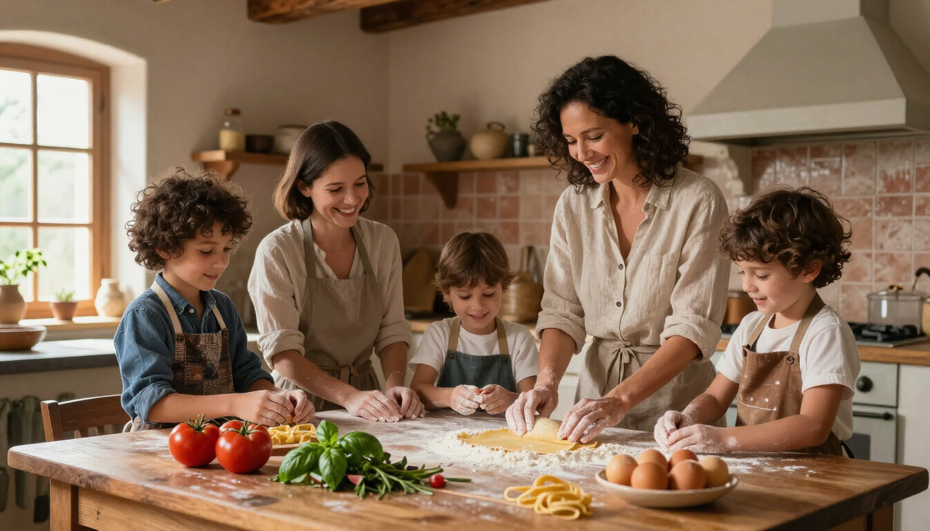 Children enjoying a hands-on Italian food experience in Tuscany