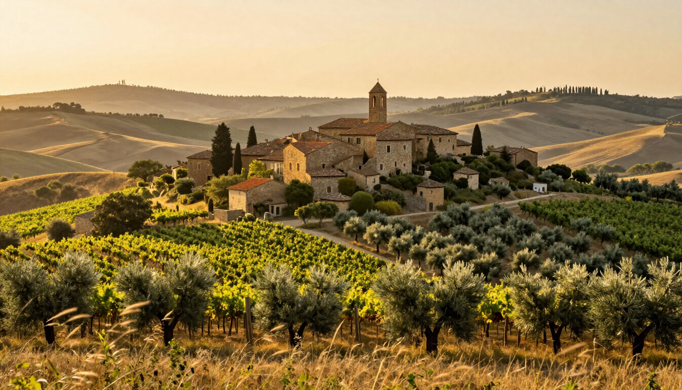 Quiet Tuscany countryside with vineyards and a hilltop village