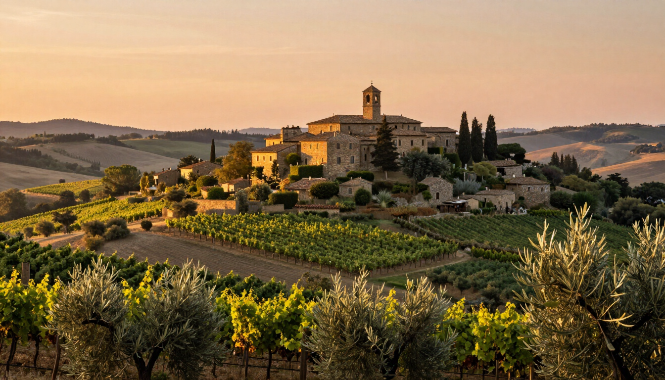 Quiet Tuscany countryside with vineyards and a hilltop village
