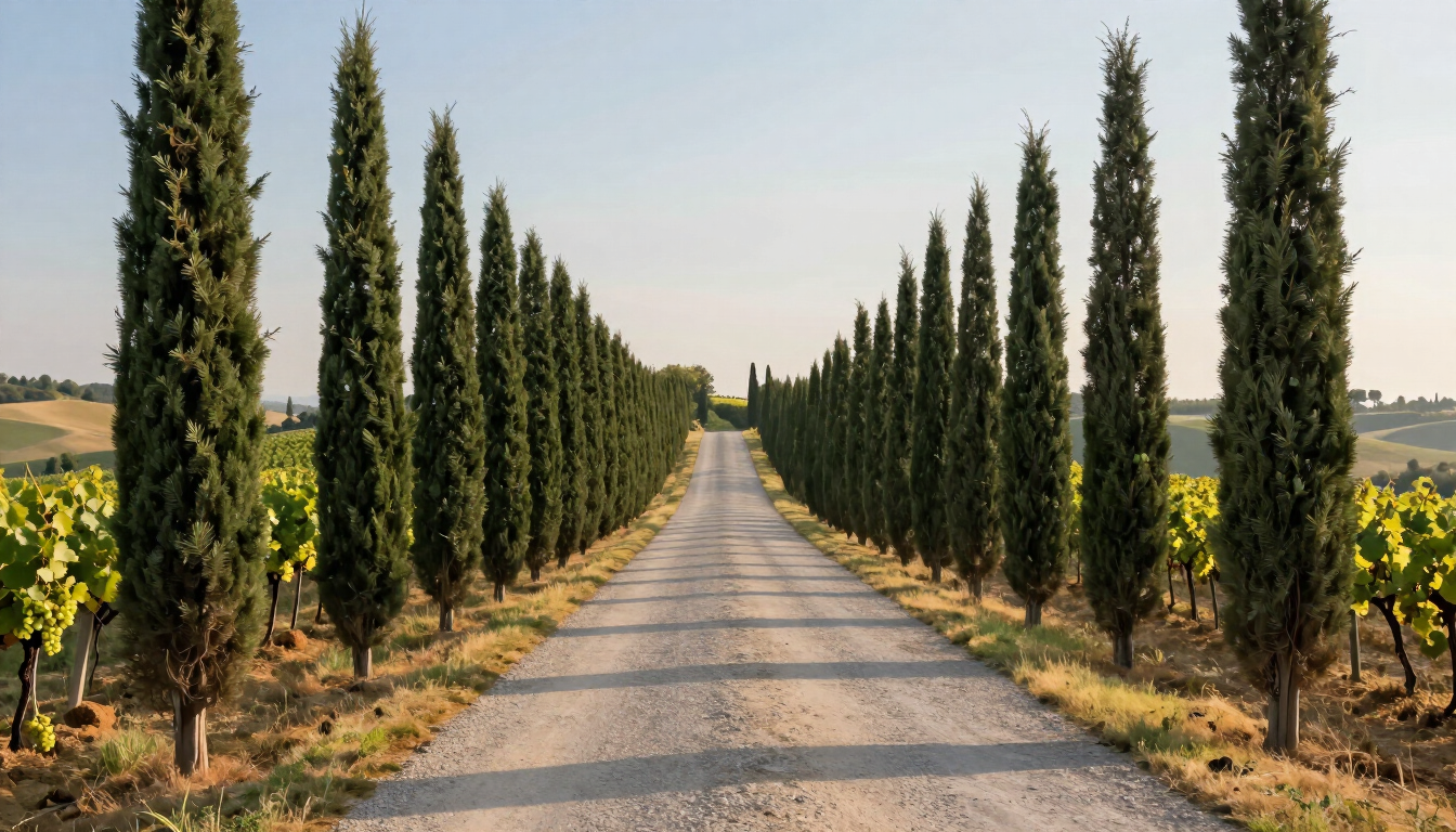 Photorealistic Tuscan country road through cypress trees and vineyards