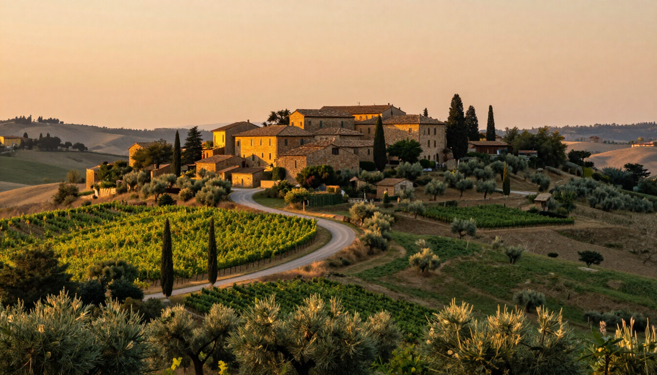 Hidden Tuscany hill town, vineyards, and olive groves