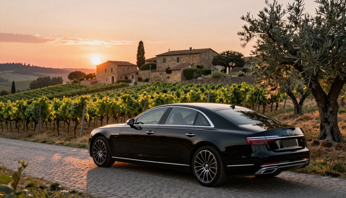 Photorealistic private Tuscan countryside journey with an elegant chauffeured car near a quiet hill village at sunset