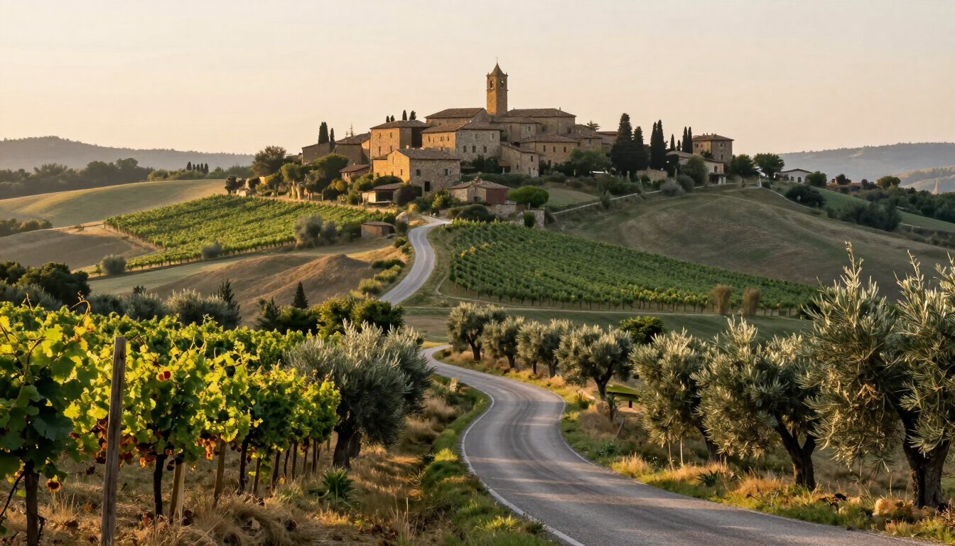 Hidden Tuscany hill town, vineyards, and olive groves