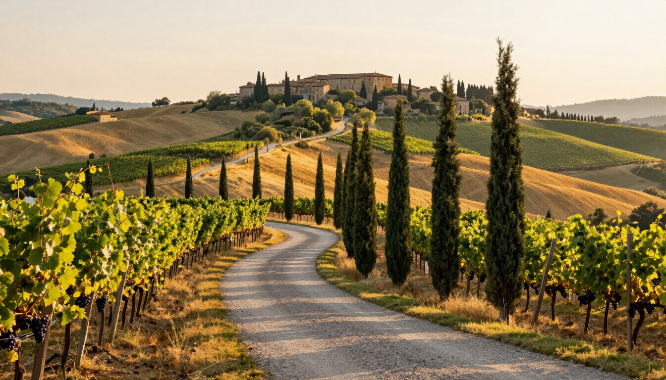 Tuscany by road through vineyards, rolling hills, and cypress trees