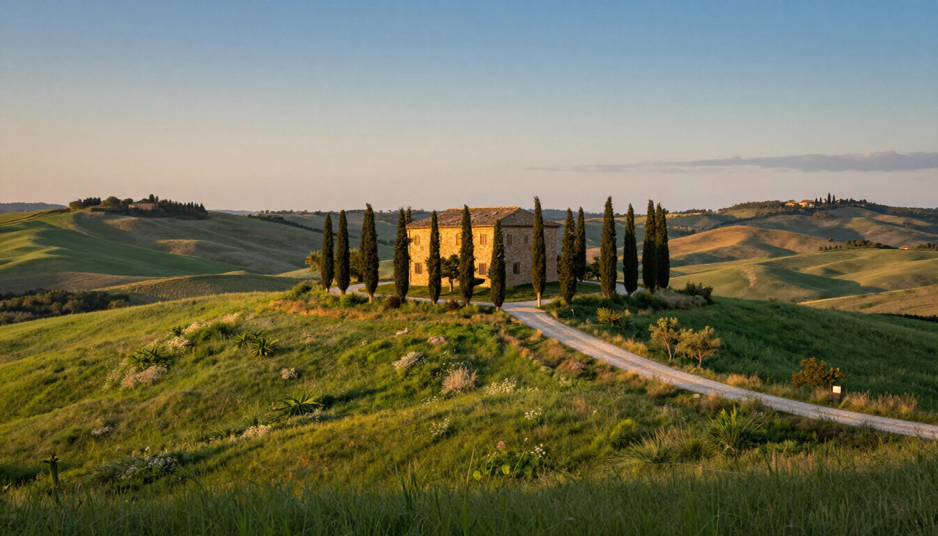 Panoramic Val d’Orcia landscape with cypress trees