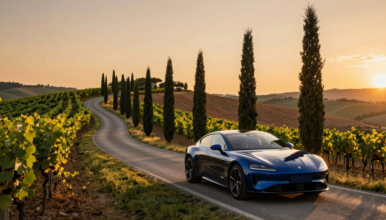 Private car traveling through Tuscany at sunset