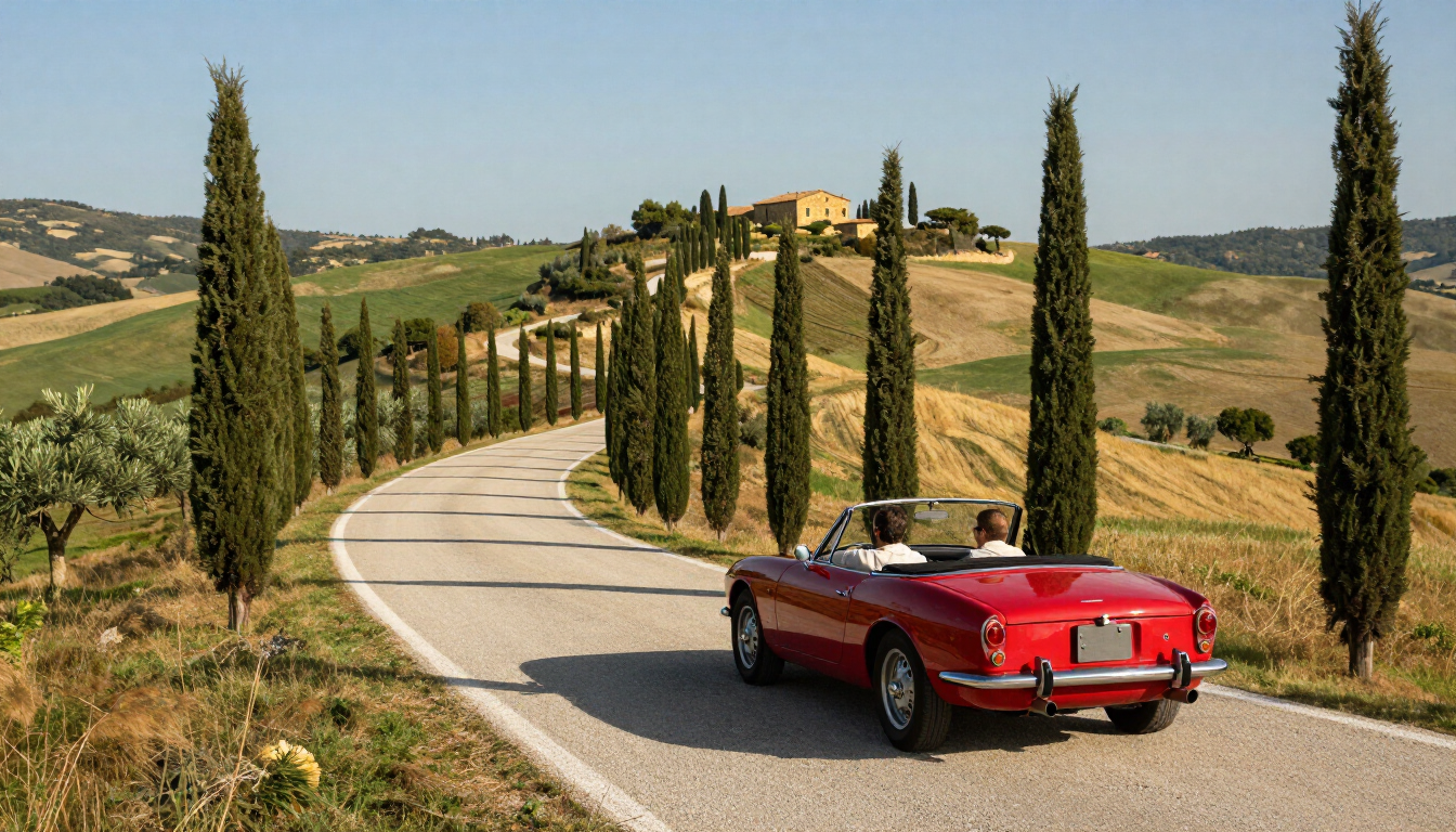 Tuscany by road through vineyards and rolling hills