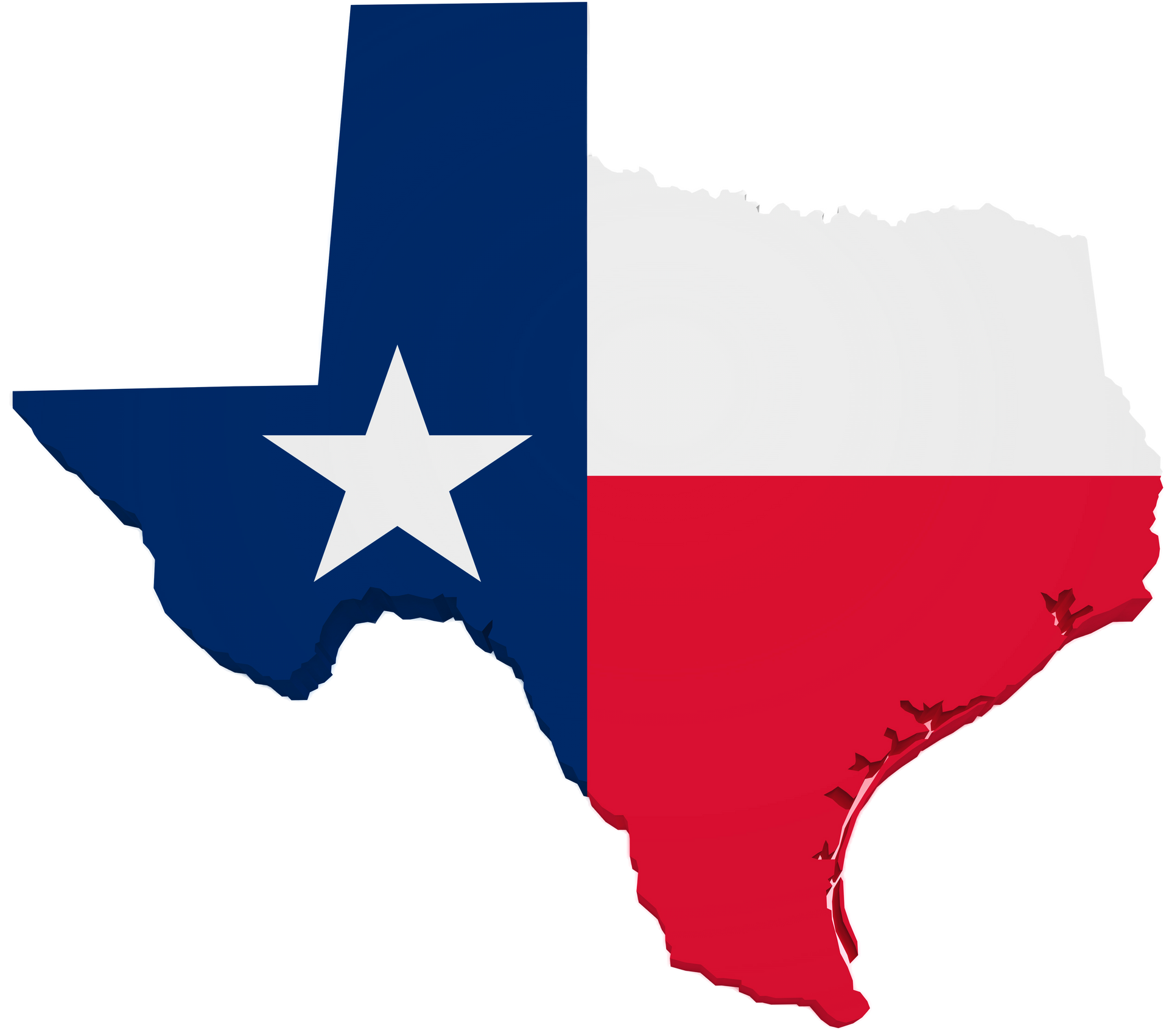Texas state outline in Texas flag colors with a white star.