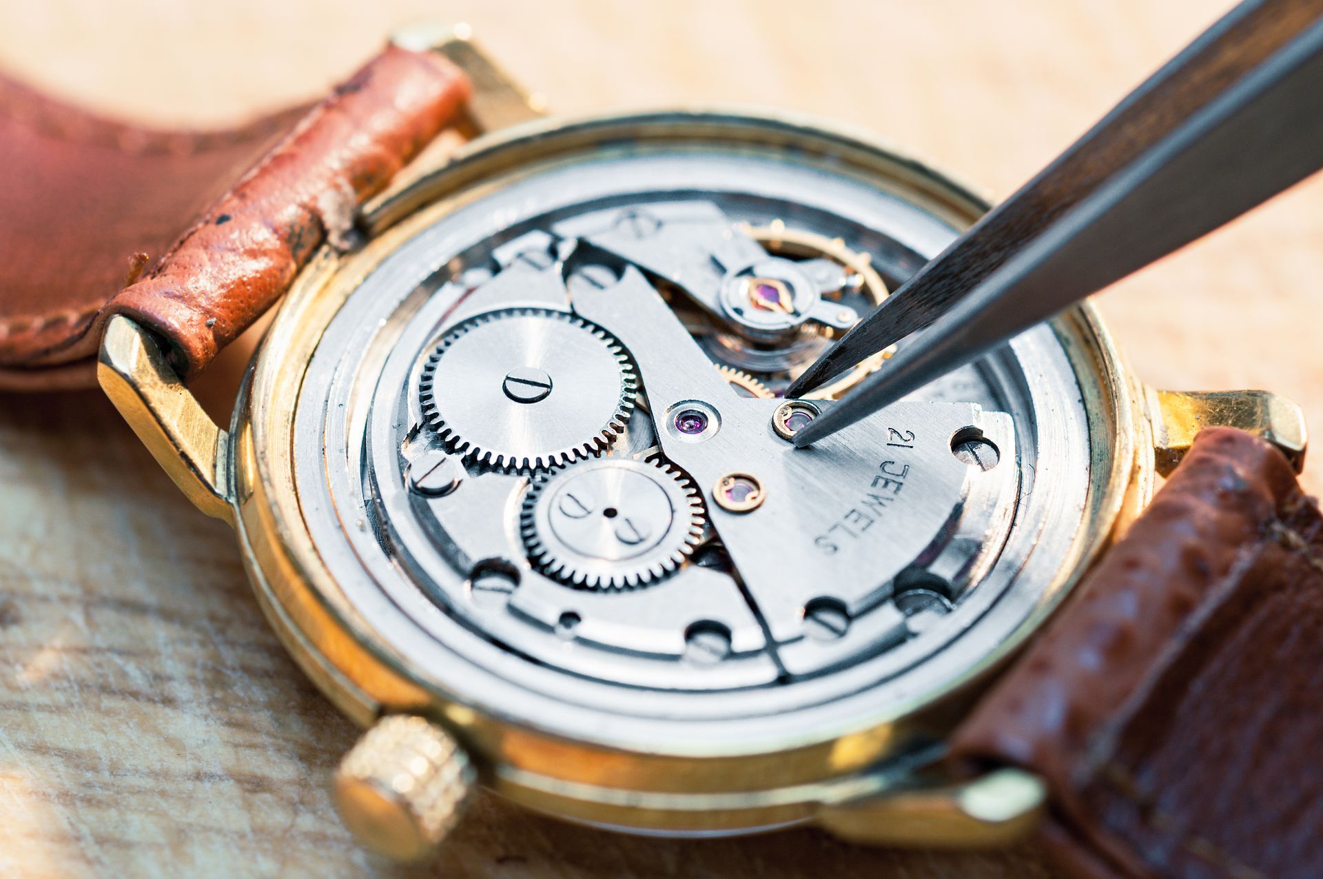 Close-up of a watch movement with a tool adjusting the internal gears in a leather strap watch.
