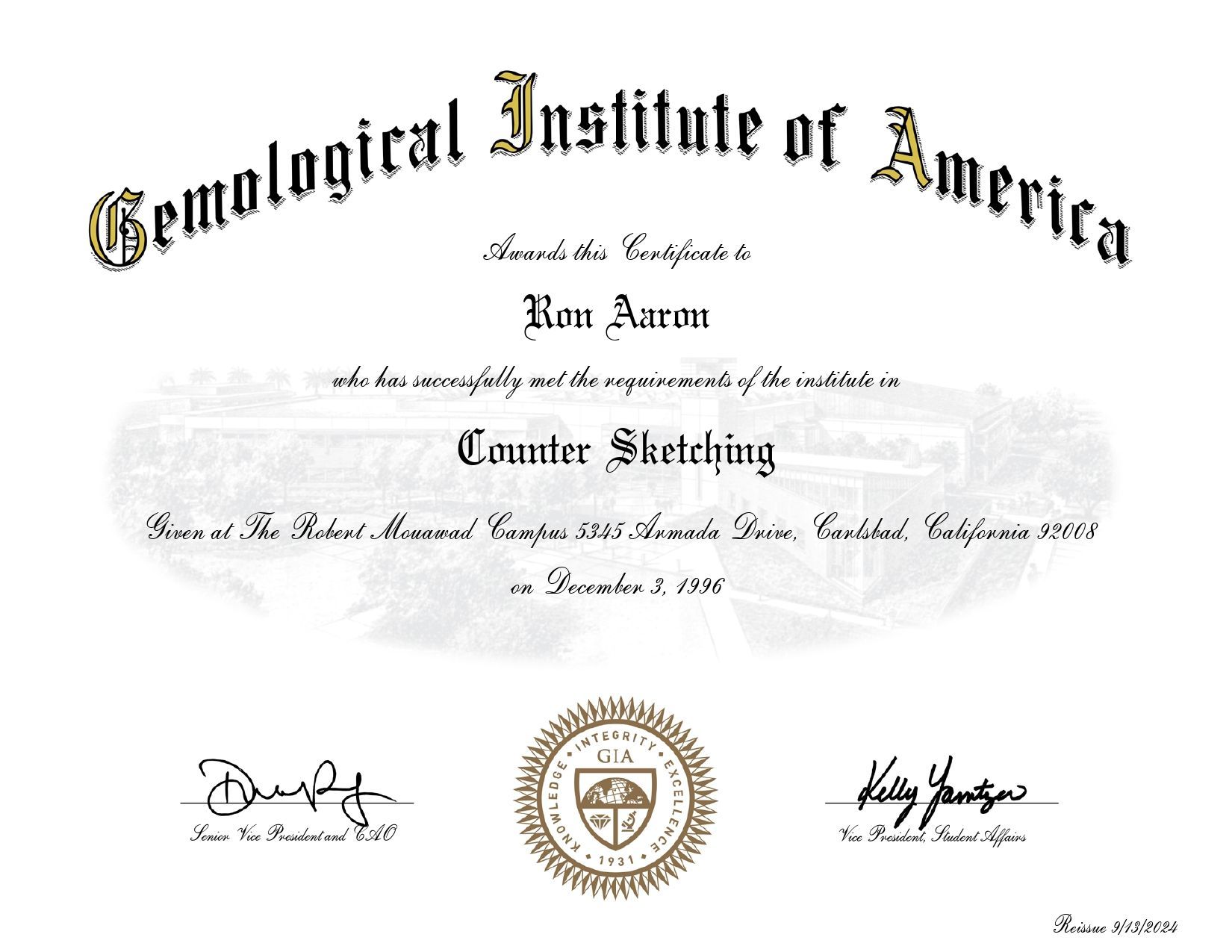 Certificate for doctoral degree from the Geological Institute of America, with ornate text and seal