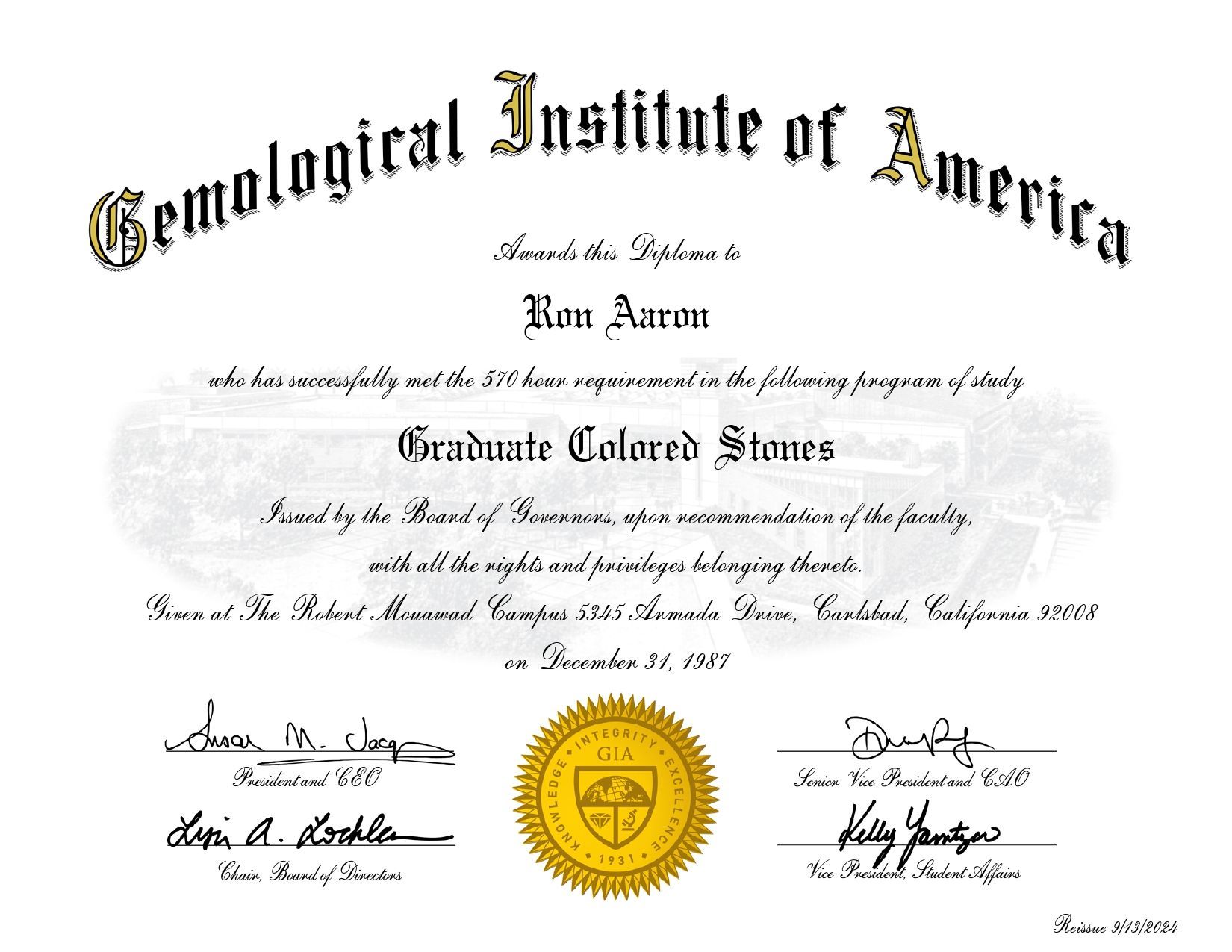 Diploma from Gemological Institute of America with gold seal and signatures