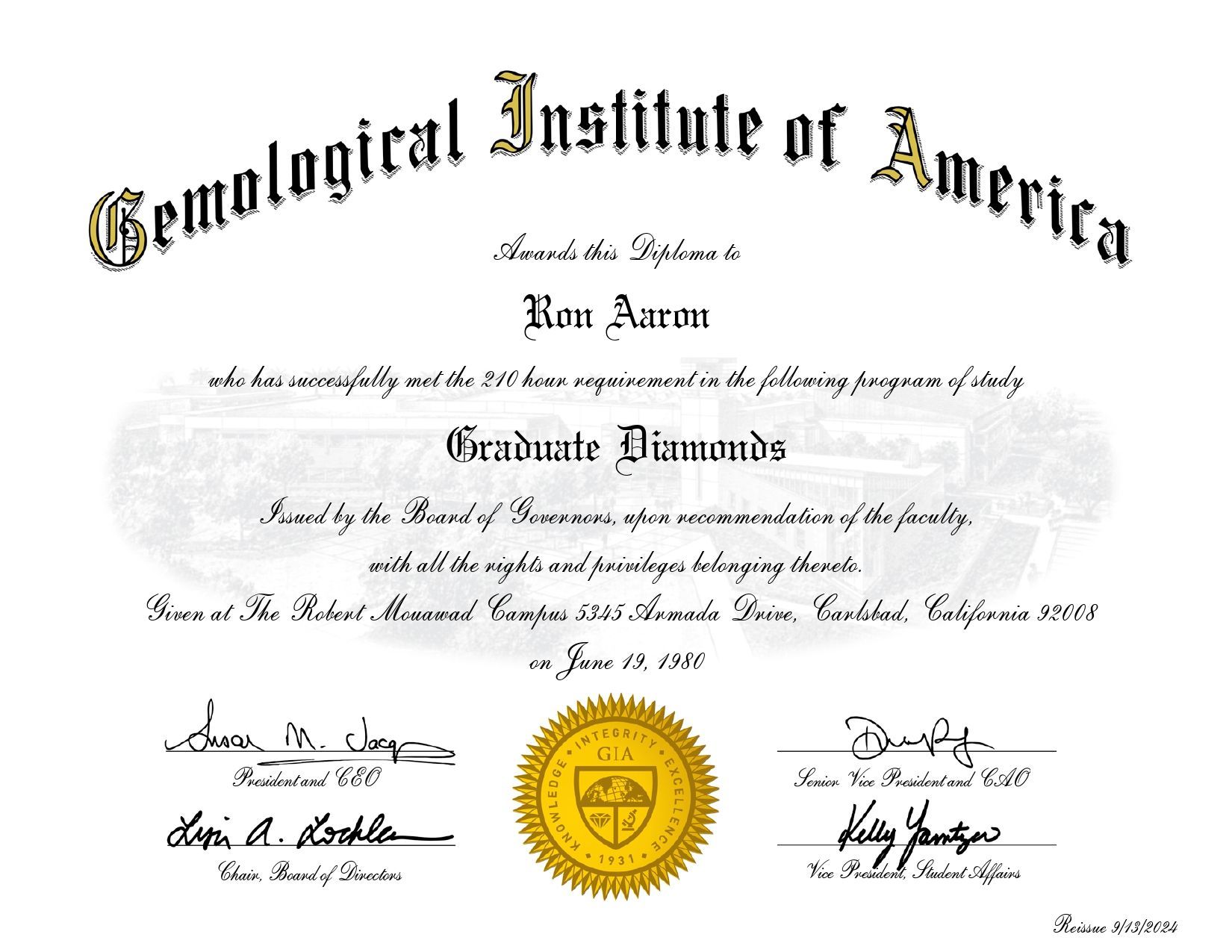 Graduation diploma from the Genological Institute of America with gold seal and signatures